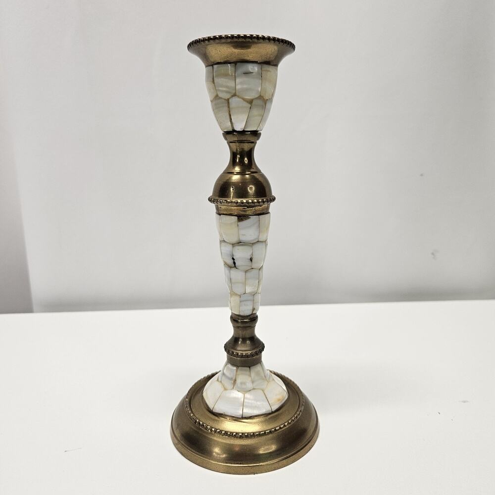 Vintage MCM Solid Brass Mother Of Pearl Inlay 8.25" Candle Stick Holder decor